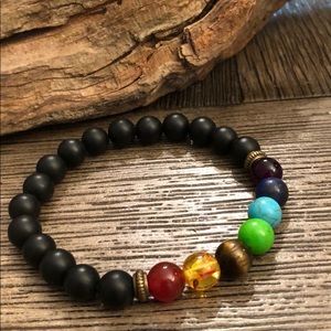 Chakra & Black Bead Rainbow Stretch Bracelet